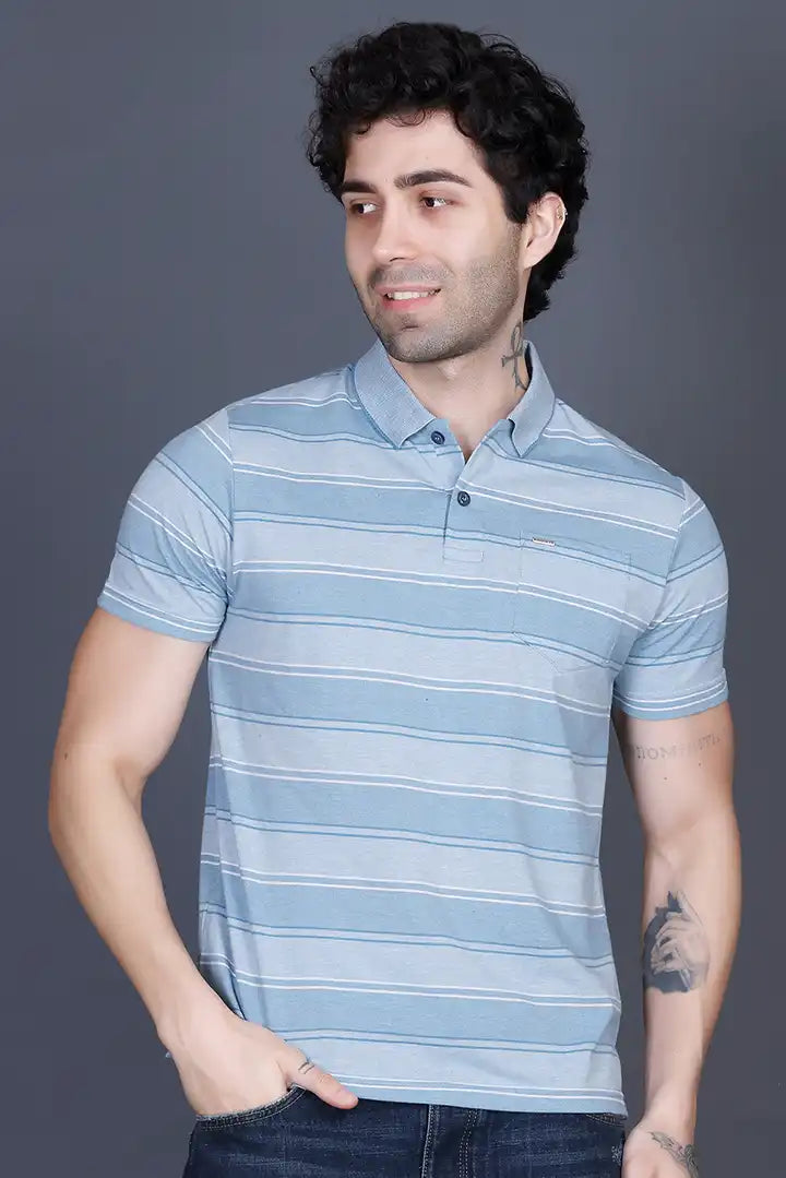 Iceberg Blue Half Sleeve Polo T-Shirt for Men With Pocket