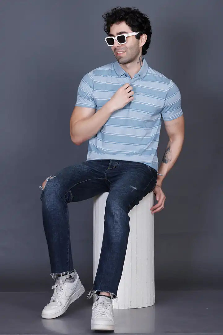 Iceberg Blue Half Sleeve Polo T-Shirt for Men With Pocket