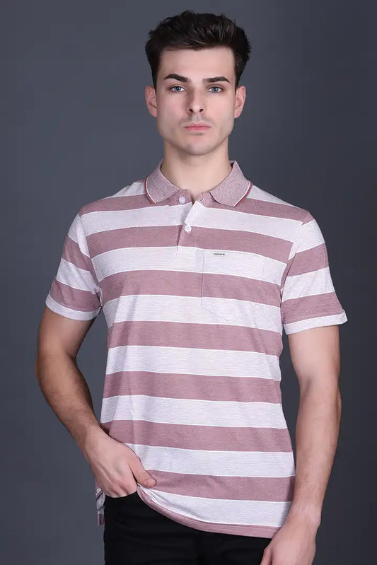 Brown Striped Half Sleeve Polo T-Shirt for Men With Pocket