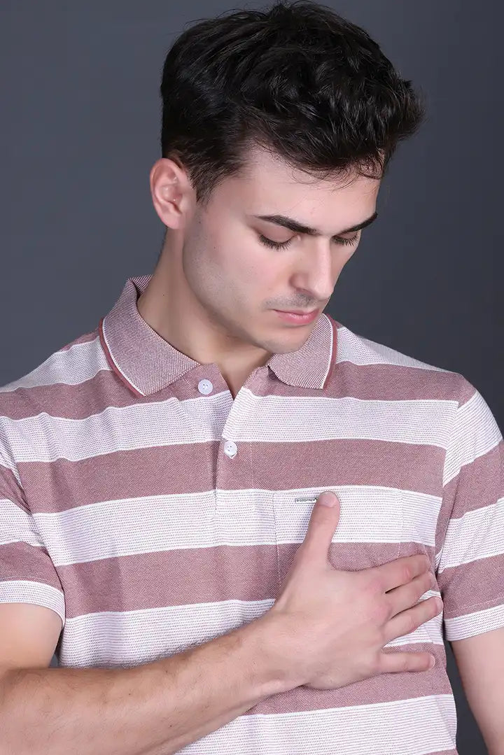 Brown Striped Half Sleeve Polo T-Shirt for Men With Pocket