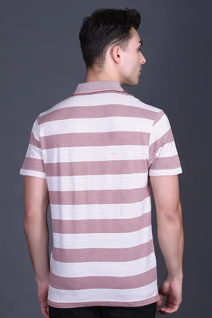Brown Striped Half Sleeve Polo T-Shirt for Men With Pocket