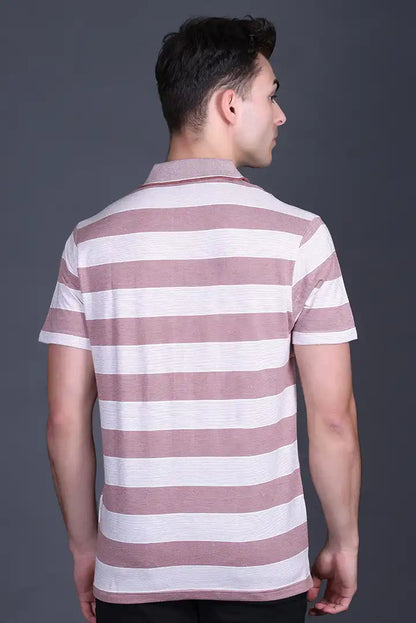 Brown Striped Half Sleeve Polo T-Shirt for Men With Pocket