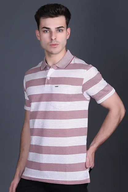 Brown Striped Half Sleeve Polo T-Shirt for Men With Pocket