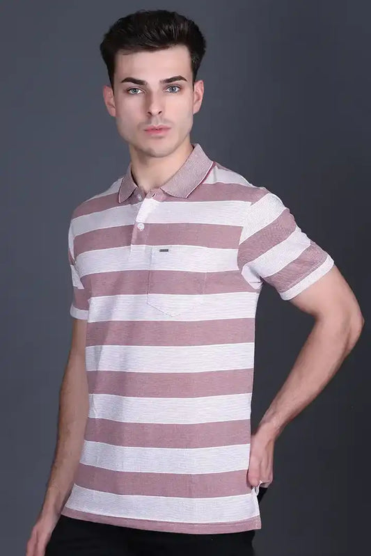 Brown Striped Half Sleeve Polo T-Shirt for Men With Pocket