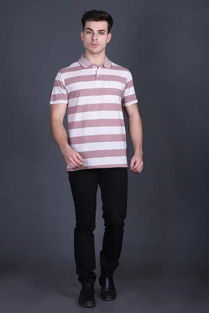 Brown Striped Half Sleeve Polo T-Shirt for Men With Pocket