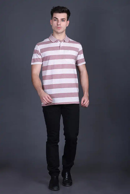 Brown Striped Half Sleeve Polo T-Shirt for Men With Pocket