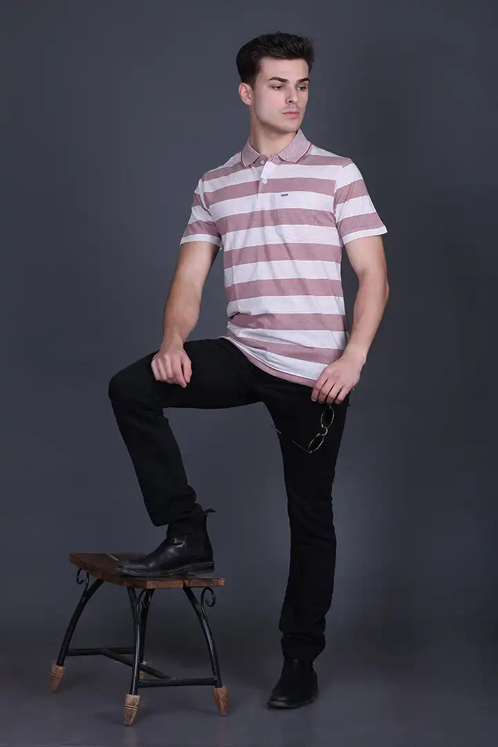 Brown Striped Half Sleeve Polo T-Shirt for Men With Pocket