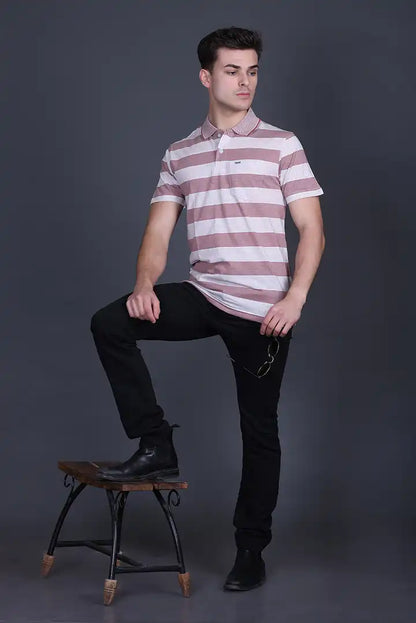 Brown Striped Half Sleeve Polo T-Shirt for Men With Pocket