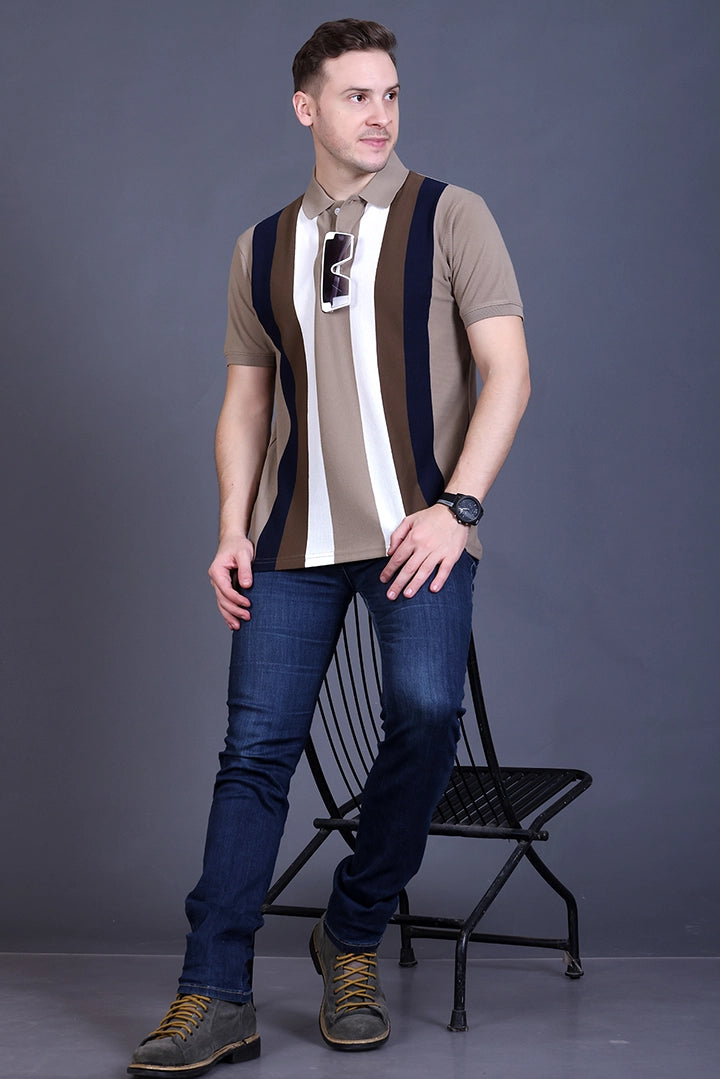 Beige Half Sleeve Polo T-Shirt for Men