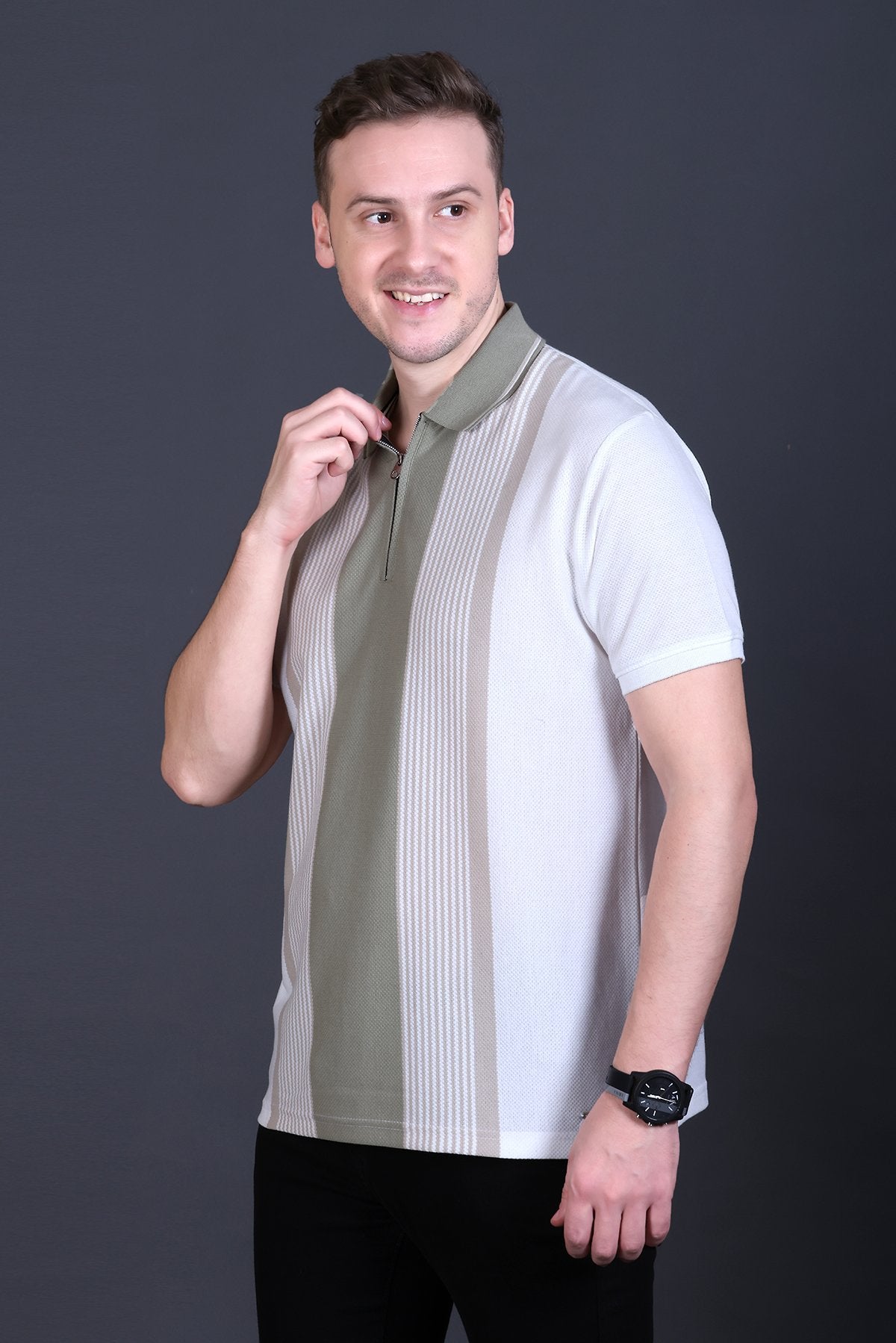 White Half Sleeve Zipper Polo T-Shirt for Men