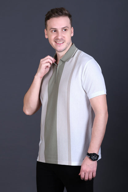 White Half Sleeve Zipper Polo T-Shirt for Men
