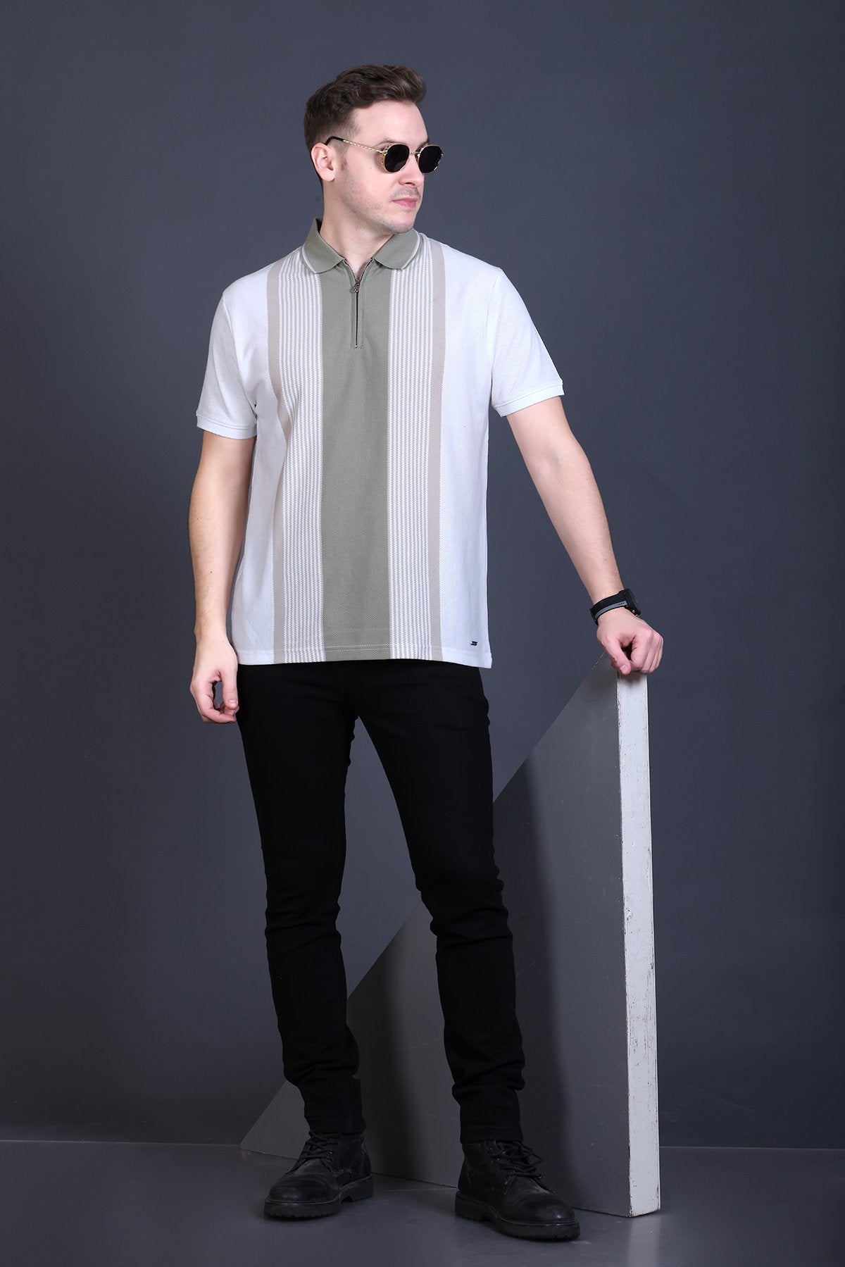 White Half Sleeve Zipper Polo T-Shirt for Men