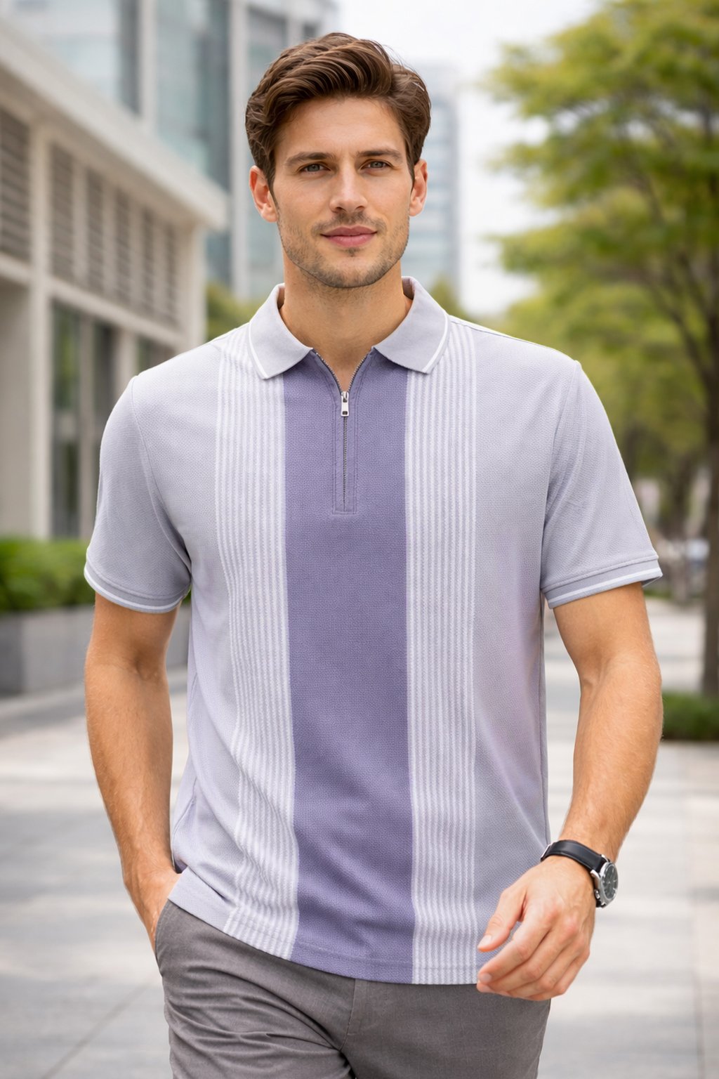 Levender Half Sleeve Zipper Polo T-Shirt for Men