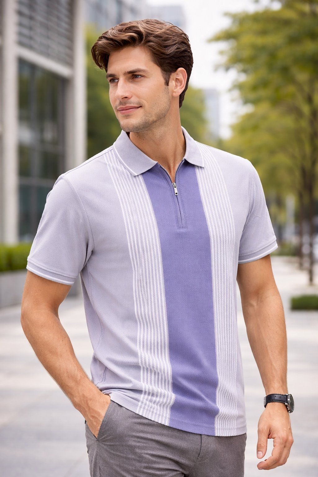 Levender Half Sleeve Zipper Polo T-Shirt for Men
