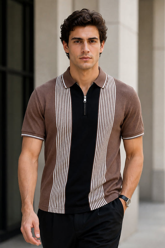 Chocolate Brown Half Sleeve Zipper Polo T-Shirt for Men