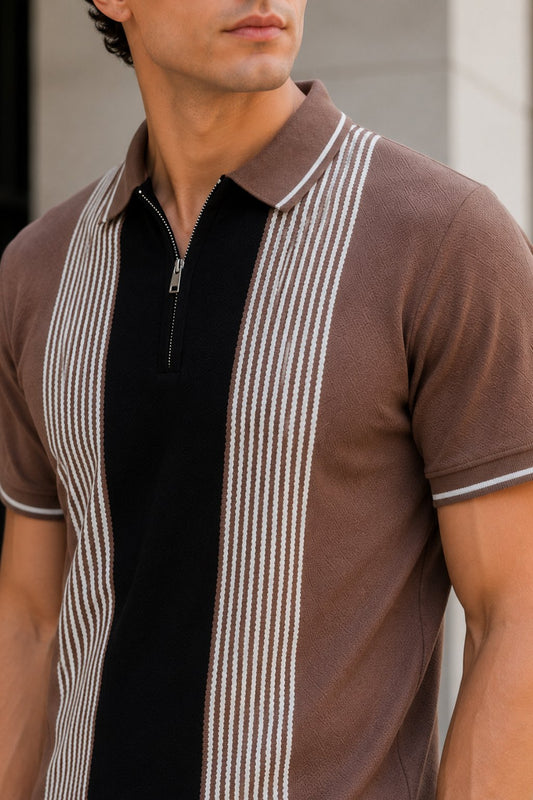 Chocolate Brown Half Sleeve Zipper Polo T-Shirt for Men