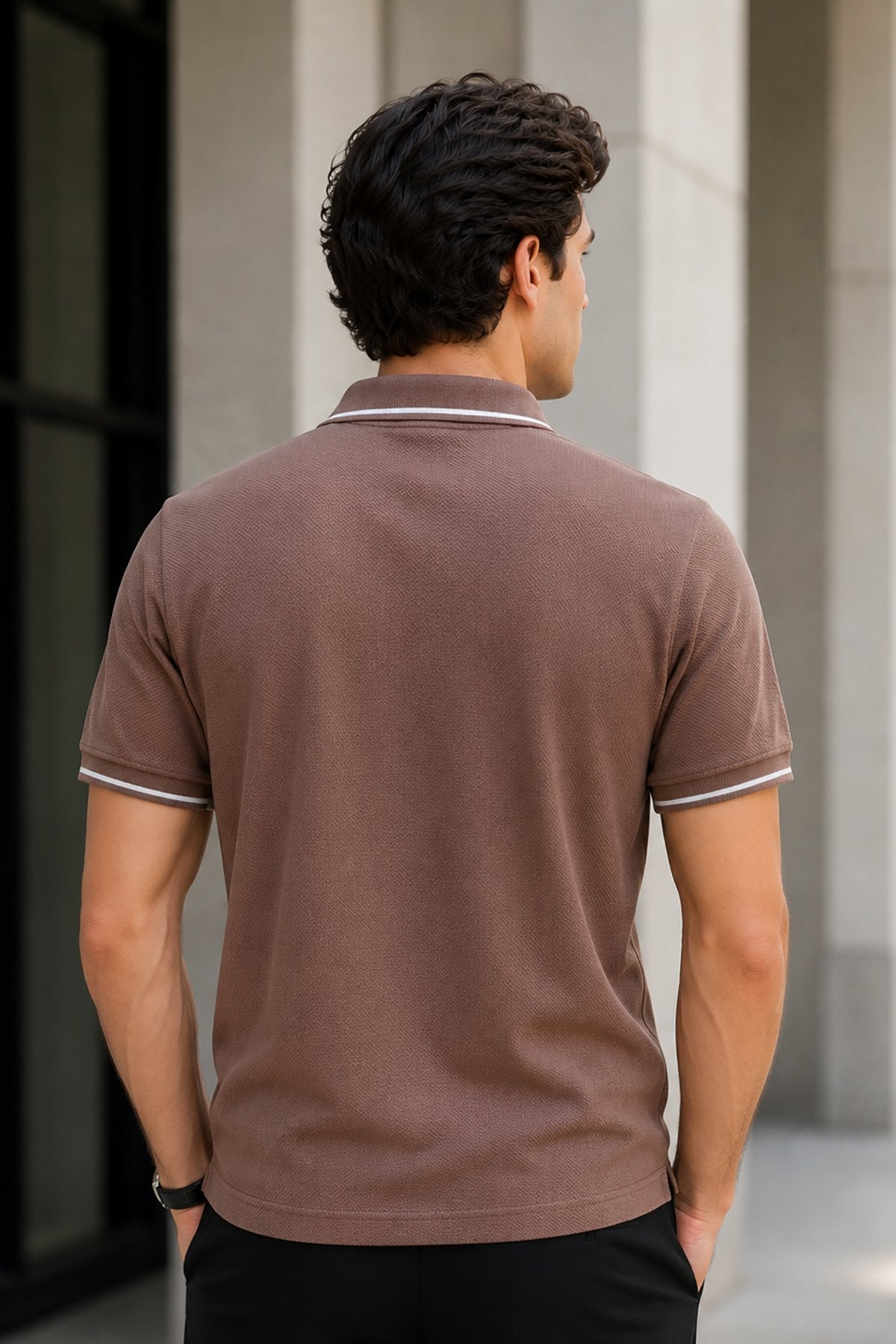 Chocolate Brown Half Sleeve Zipper Polo T-Shirt for Men