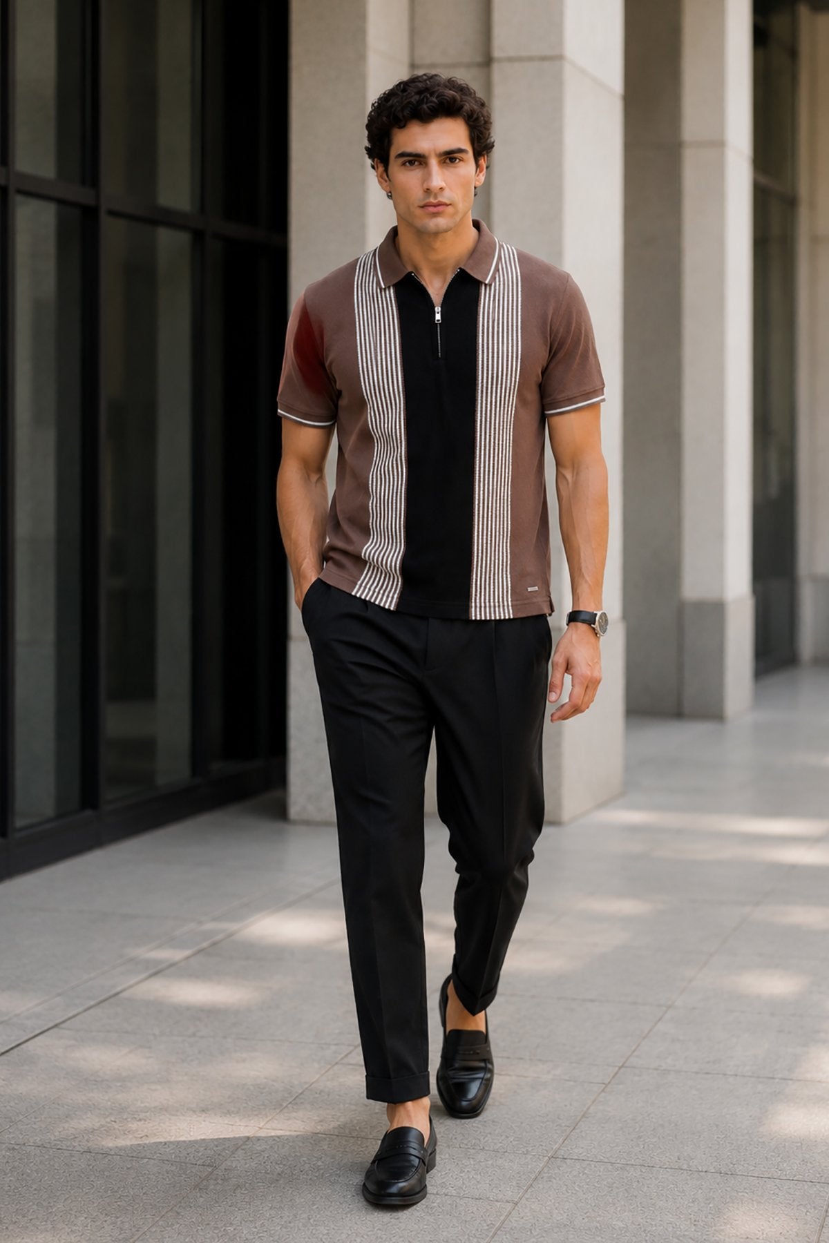 Chocolate Brown Half Sleeve Zipper Polo T-Shirt for Men