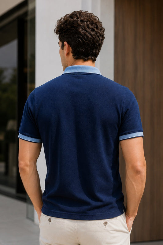 Navy Half Sleeve Zipper Polo T-Shirt for Men