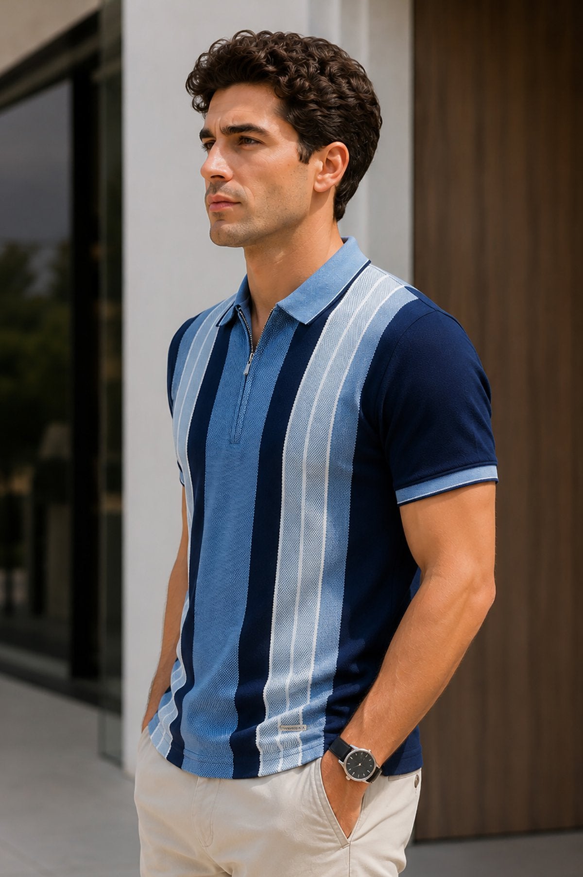 Navy Half Sleeve Zipper Polo T-Shirt for Men