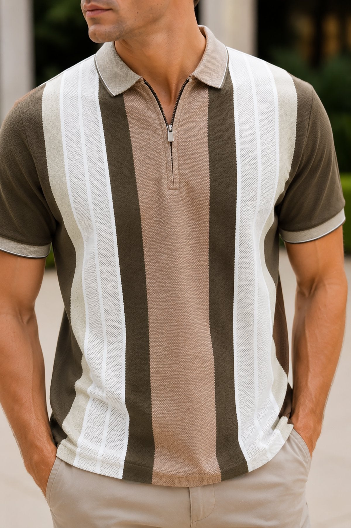 Coffee Half Sleeve Zipper Polo T-Shirt for Men