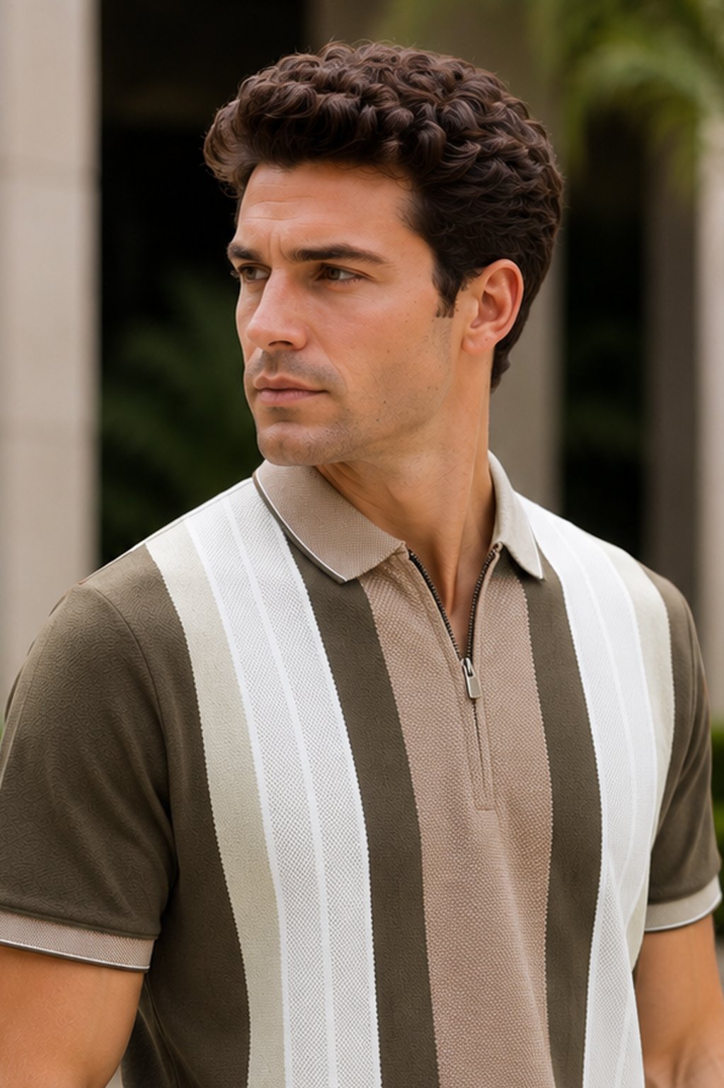 Coffee Half Sleeve Zipper Polo T-Shirt for Men