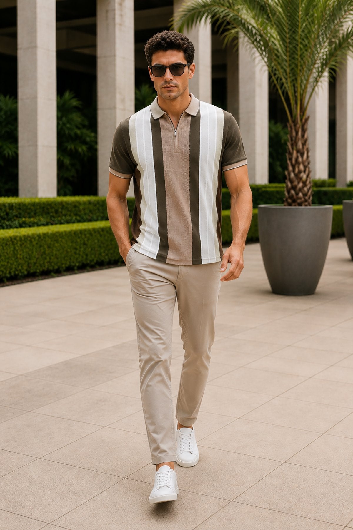 Coffee Half Sleeve Zipper Polo T-Shirt for Men