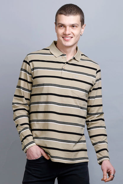 Beige Striped Cotton Full Sleeve Polo Men tshirt With Pocket