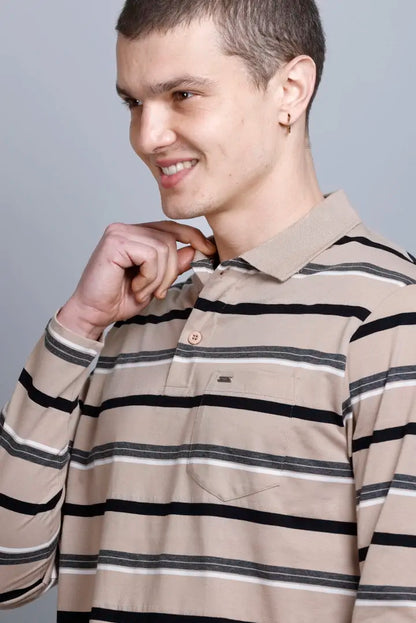 Beige Striped Cotton Full Sleeve Polo Men tshirt With Pocket