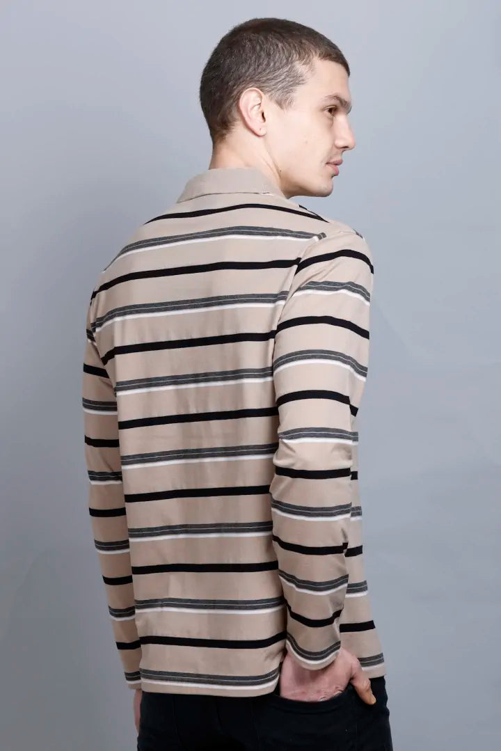 Beige Striped Cotton Full Sleeve Polo Men tshirt With Pocket