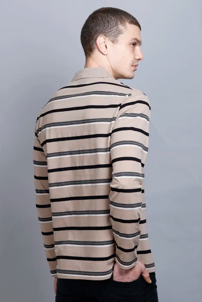 Beige Striped Cotton Full Sleeve Polo Men tshirt With Pocket