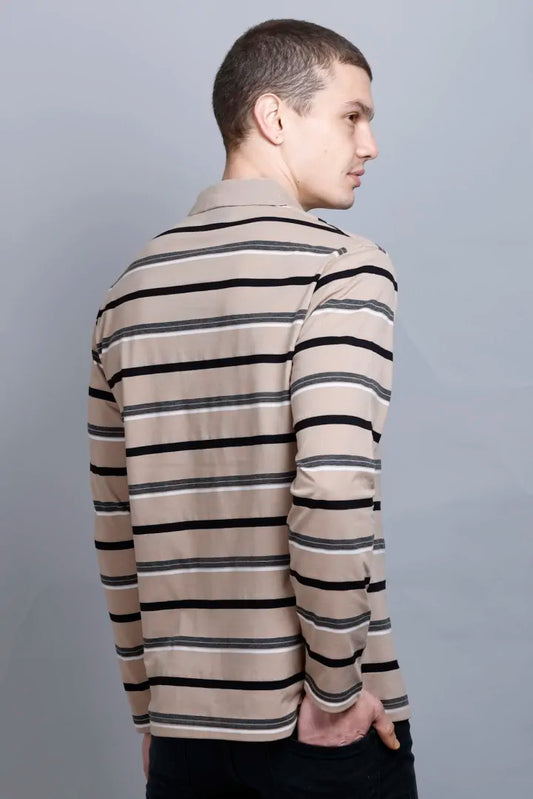 Beige Striped Cotton Full Sleeve Polo Men tshirt With Pocket