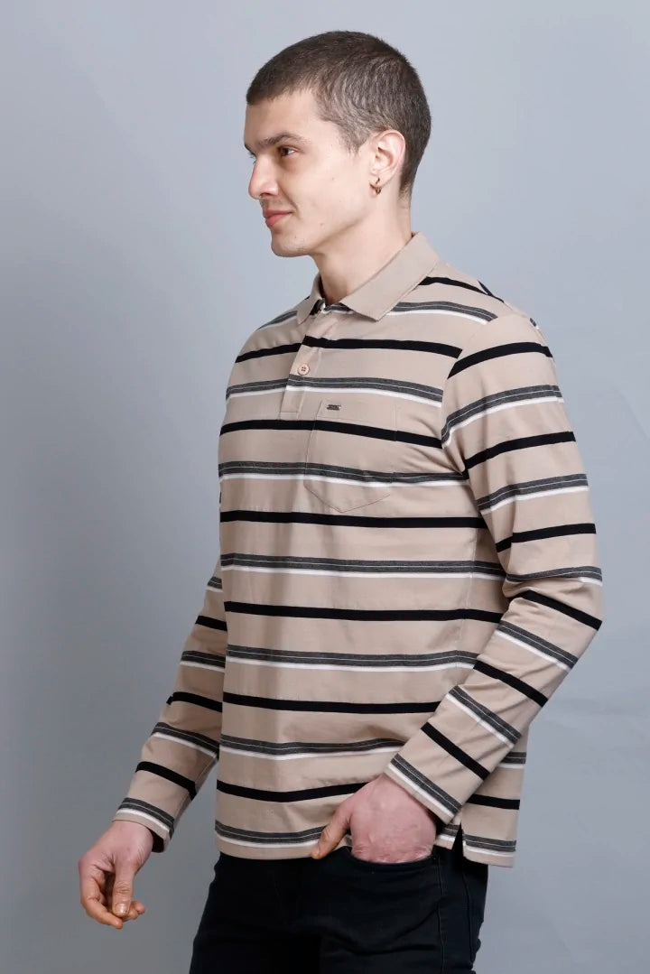 Beige Striped Cotton Full Sleeve Polo Men tshirt With Pocket