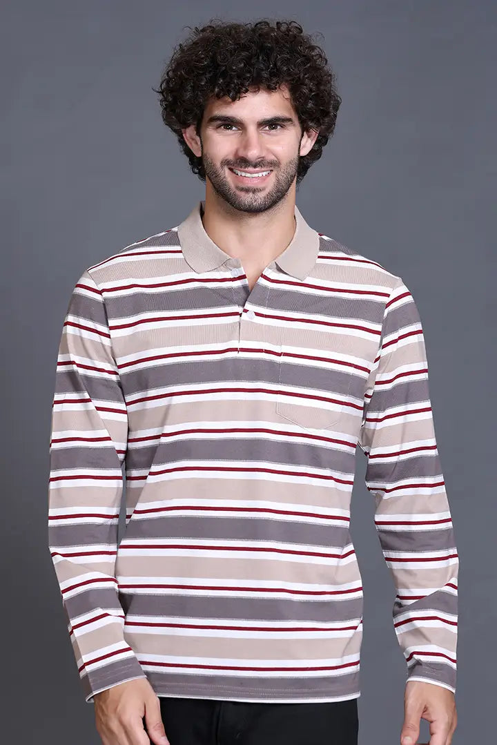 Beige Striped Cotton Full Sleeve Men Polo T Shirts With Pocket