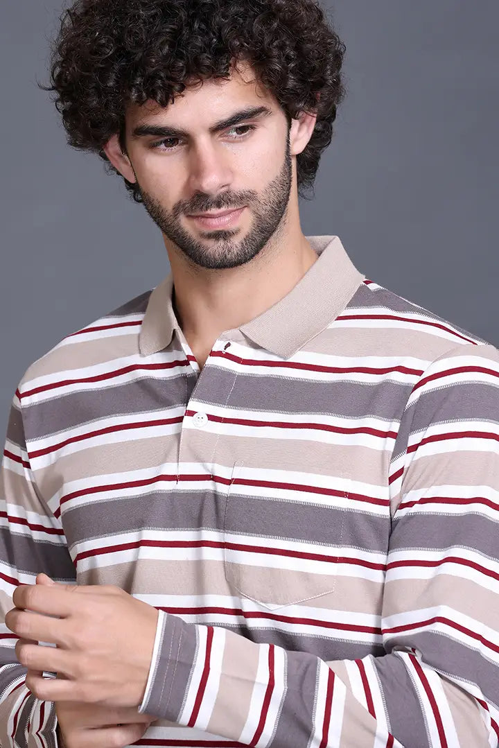 Beige Striped Cotton Full Sleeve Men Polo T Shirts With Pocket