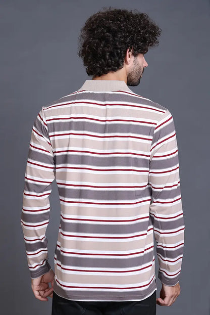 Beige Striped Cotton Full Sleeve Men Polo T Shirts With Pocket