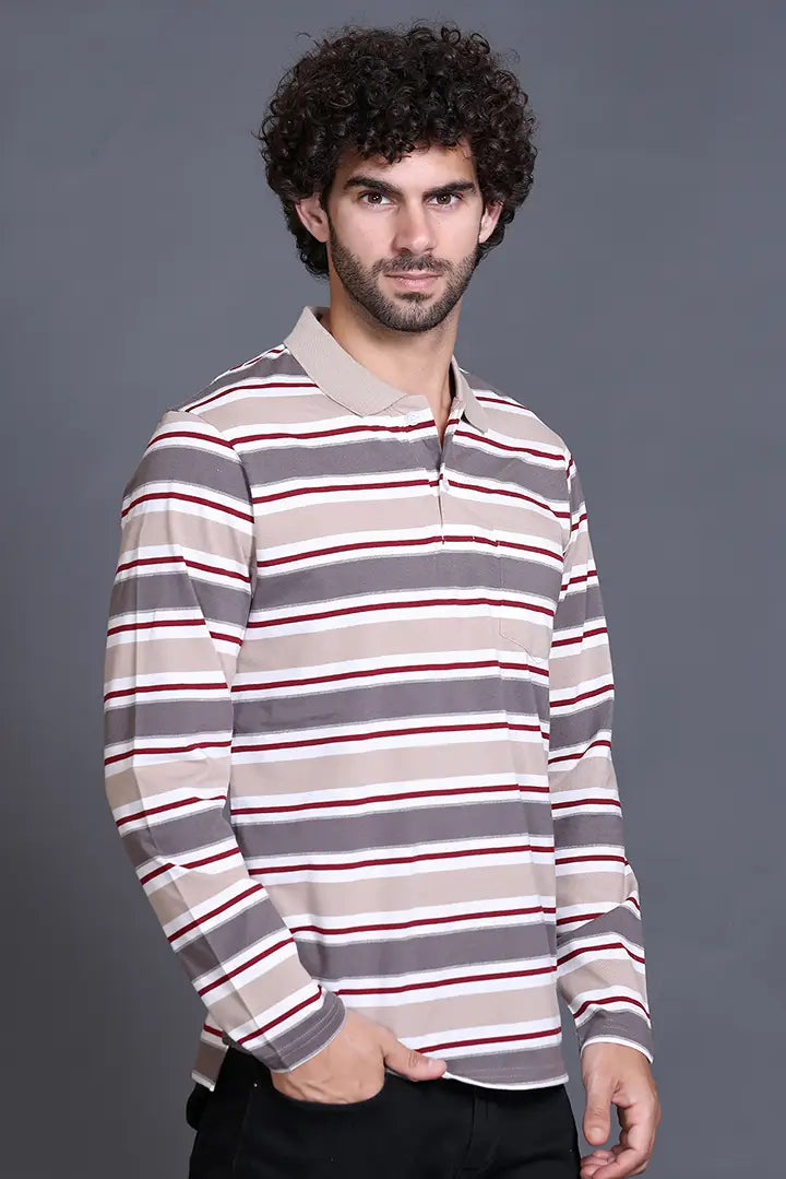 Beige Striped Cotton Full Sleeve Men Polo T Shirts With Pocket