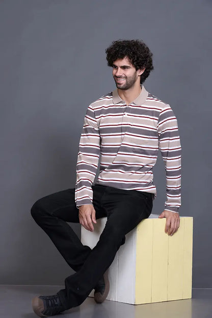 Beige Striped Cotton Full Sleeve Men Polo T Shirts With Pocket