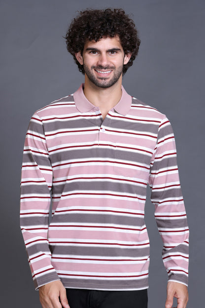 Onion Striped Cotton Full Sleeve Polo Men T Shirts With Pocket