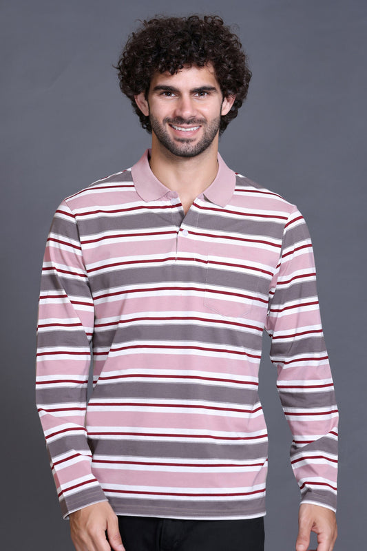Onion Striped Cotton Full Sleeve Polo Men T Shirts With Pocket