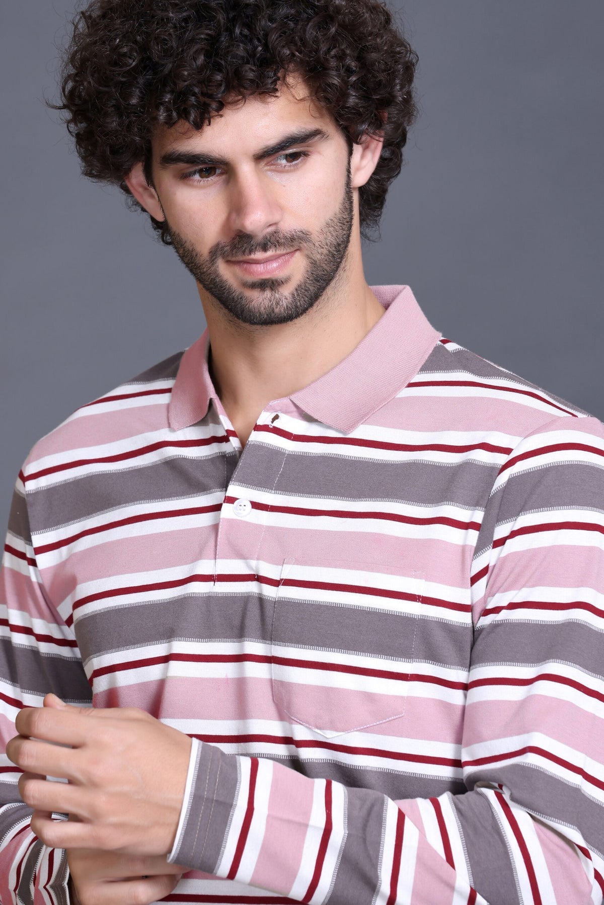 Onion Striped Cotton Full Sleeve Polo Men T Shirts With Pocket