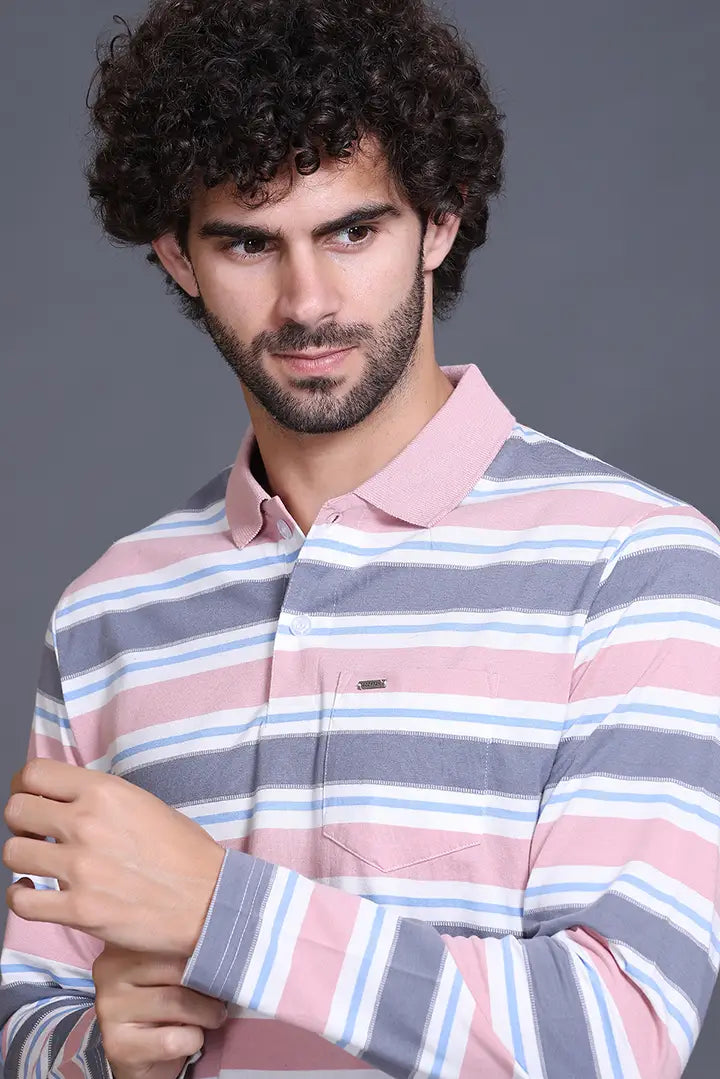 Onion Striped Cotton Full Sleeve Polo Men T Shirts With Pocket