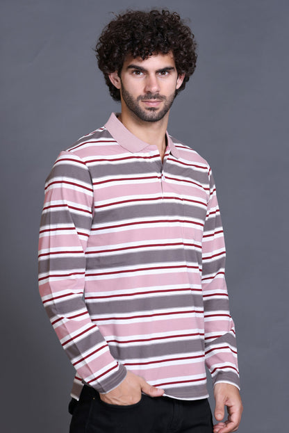 Onion Striped Cotton Full Sleeve Polo Men T Shirts With Pocket
