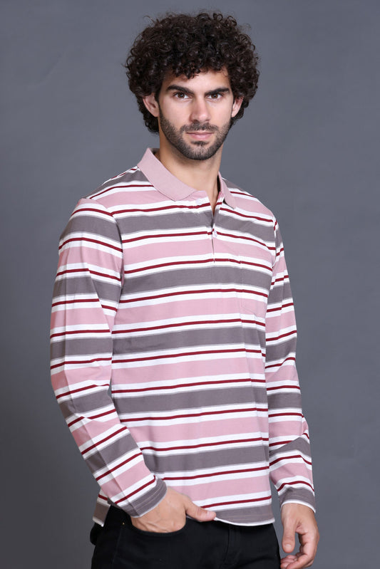 Onion Striped Cotton Full Sleeve Polo Men T Shirts With Pocket