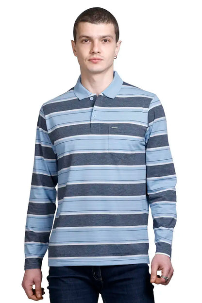 Sky Striped Cotton Full Sleeve Polo T Shirts for Men