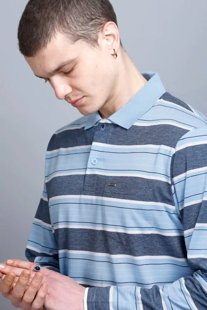 Sky Striped Cotton Full Sleeve Polo T Shirts for Men
