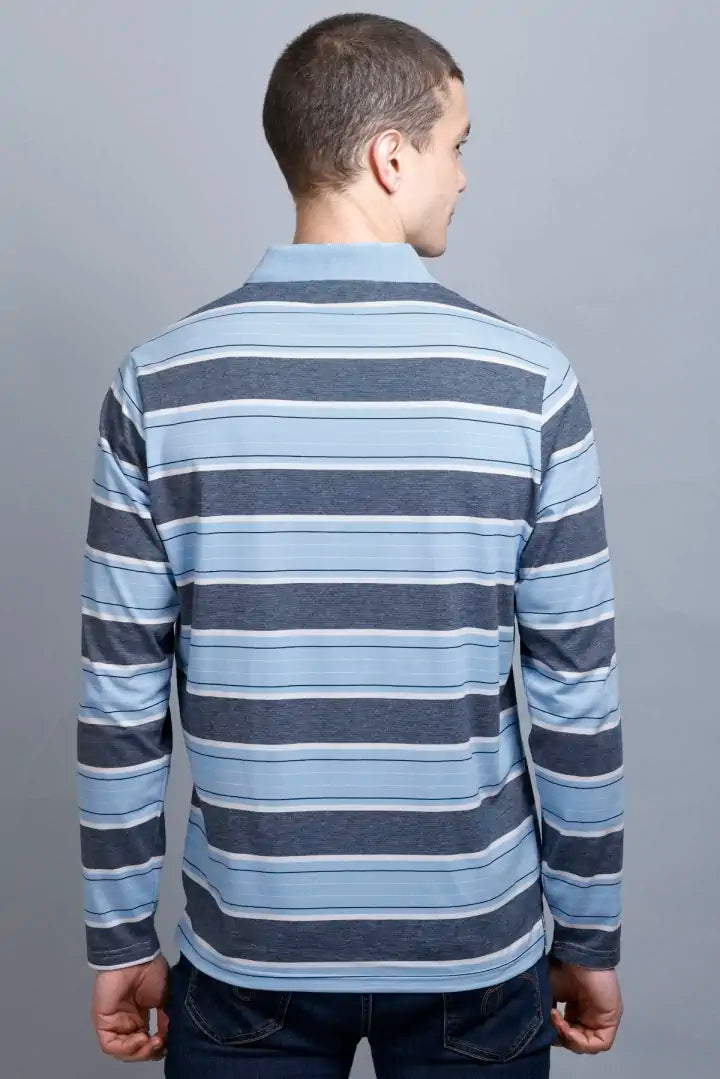 Sky Striped Cotton Full Sleeve Polo T Shirts for Men