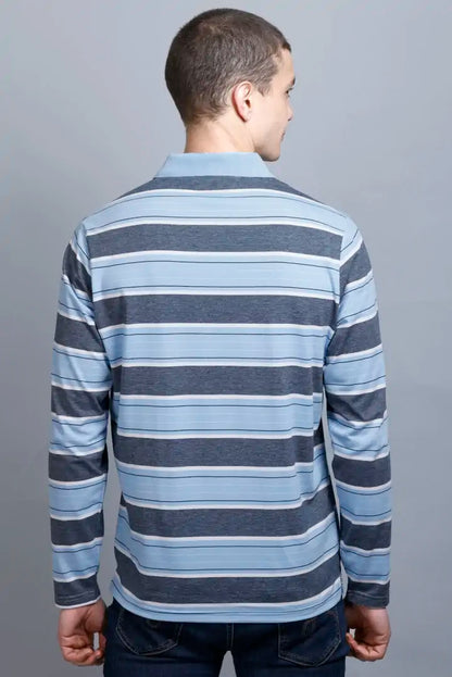 Sky Striped Cotton Full Sleeve Polo T Shirts for Men