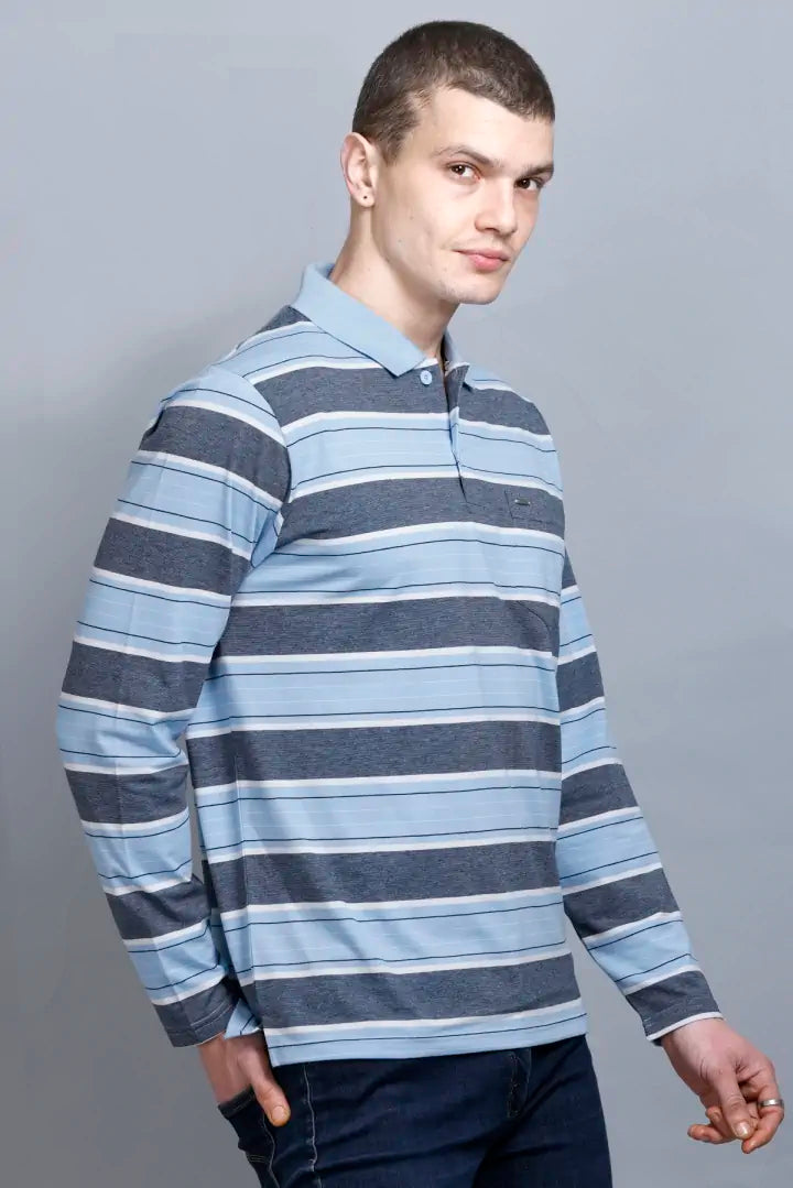 Sky Striped Cotton Full Sleeve Polo T Shirts for Men