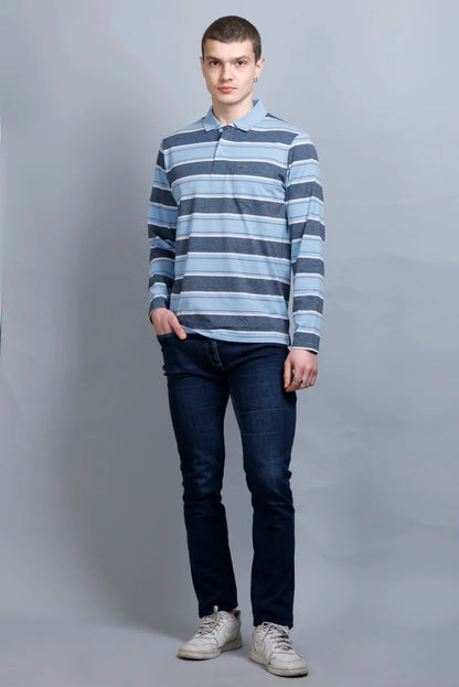 Sky Striped Cotton Full Sleeve Polo T Shirts for Men